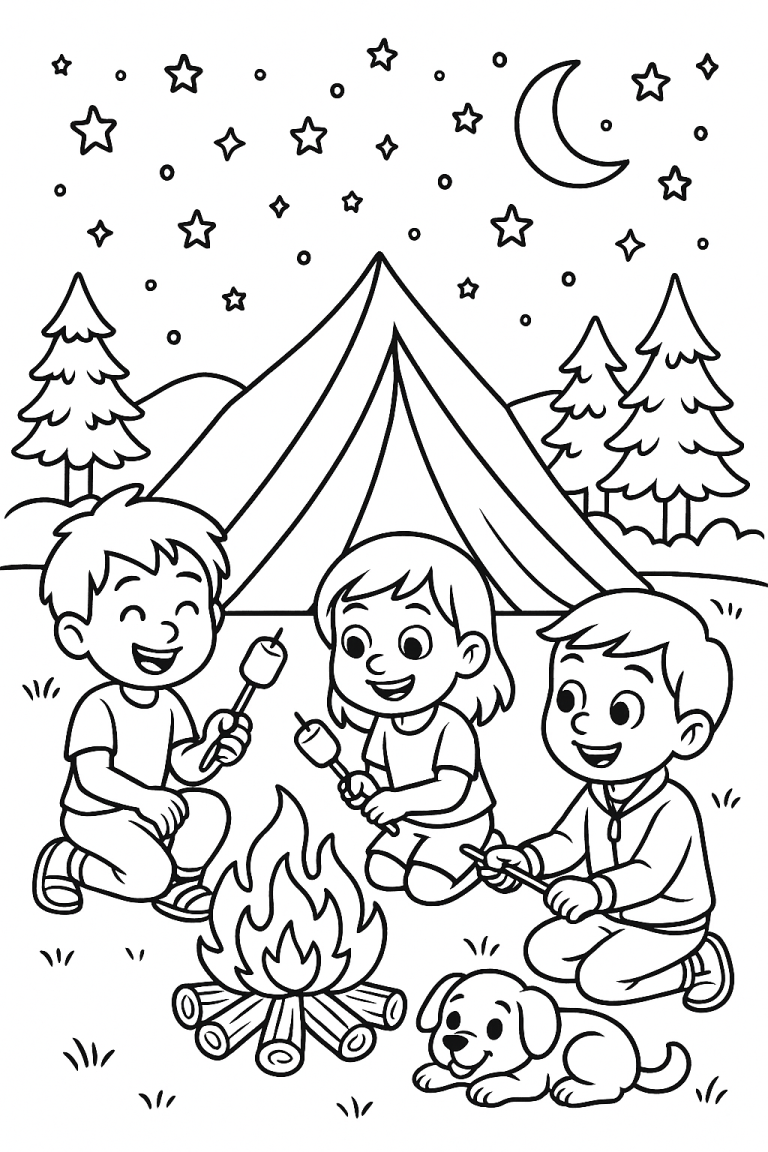 Children roasting marshmallows by a campfire at night with a tent and stars.