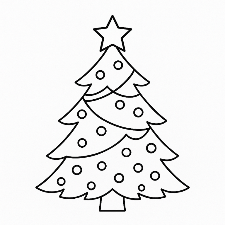 Sketch of a Christmas tree with a star and ornaments.