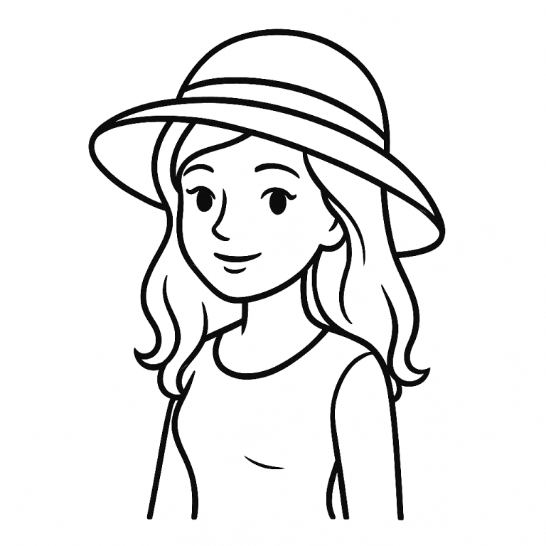 Sketch of a smiling girl wearing a wide-brimmed hat.