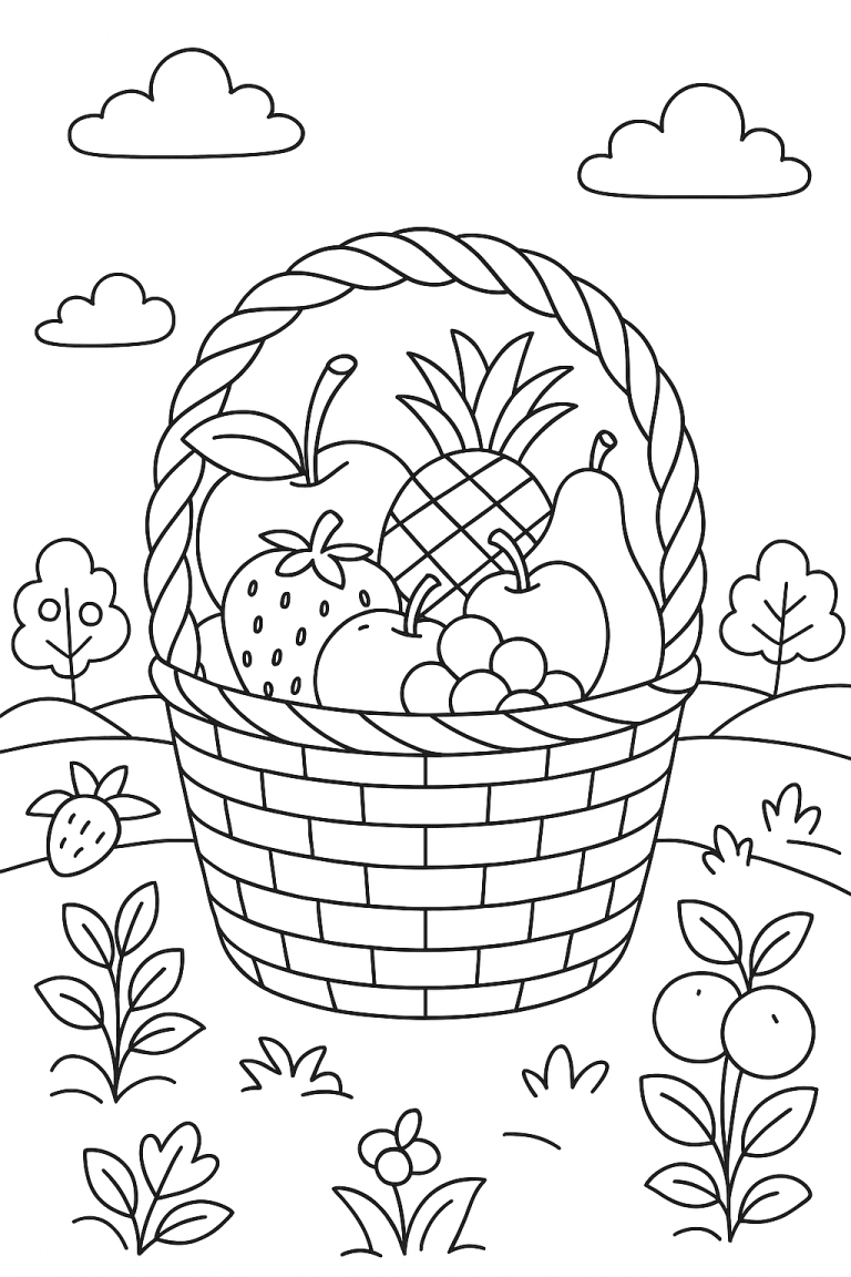 Sketch of a fruit basket in a garden with clouds and trees.
