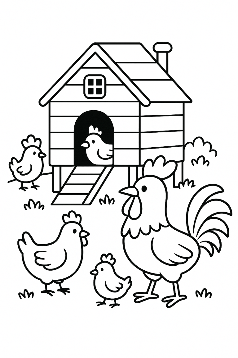 Sketch of chickens and a rooster around a chicken coop.