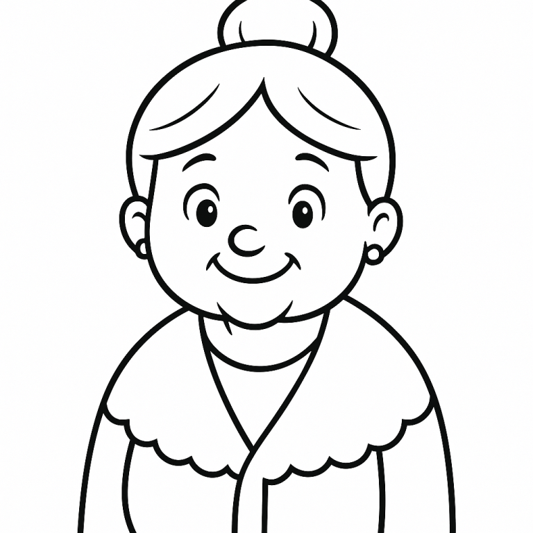Sketch of a smiling elderly woman with a bun hairstyle.