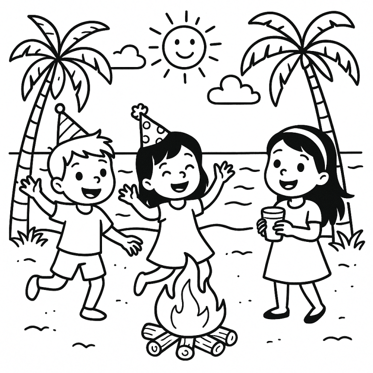 Three kids at a beach bonfire party with palm trees and a smiling sun.