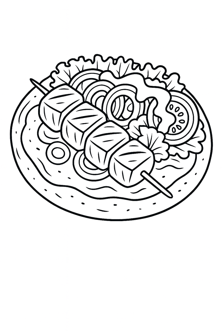 Sketch of a skewer with vegetables on a plate.