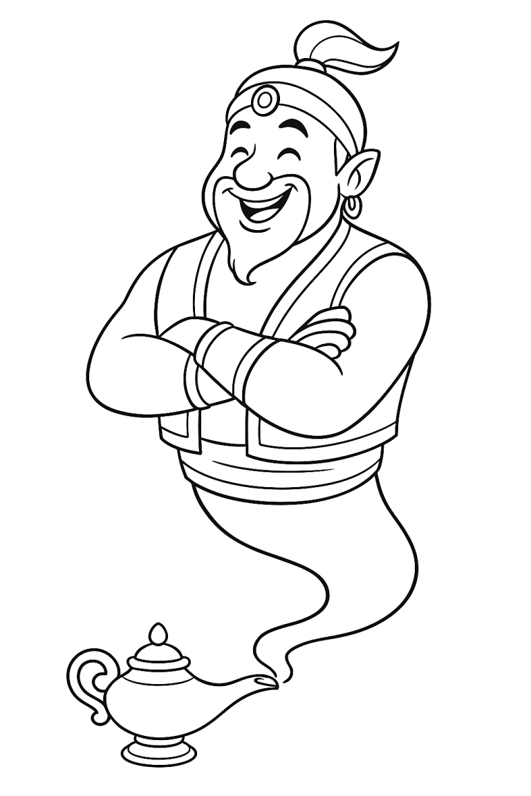 A smiling genie with arms crossed emerging from a lamp.