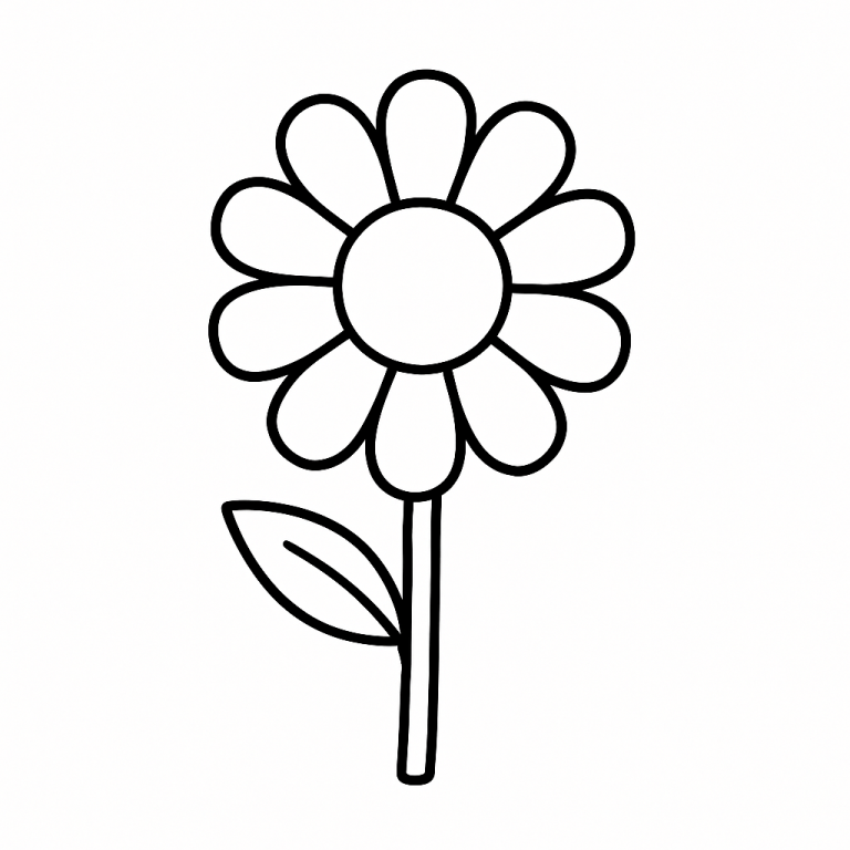 Simple line drawing of a flower with petals and a leaf.