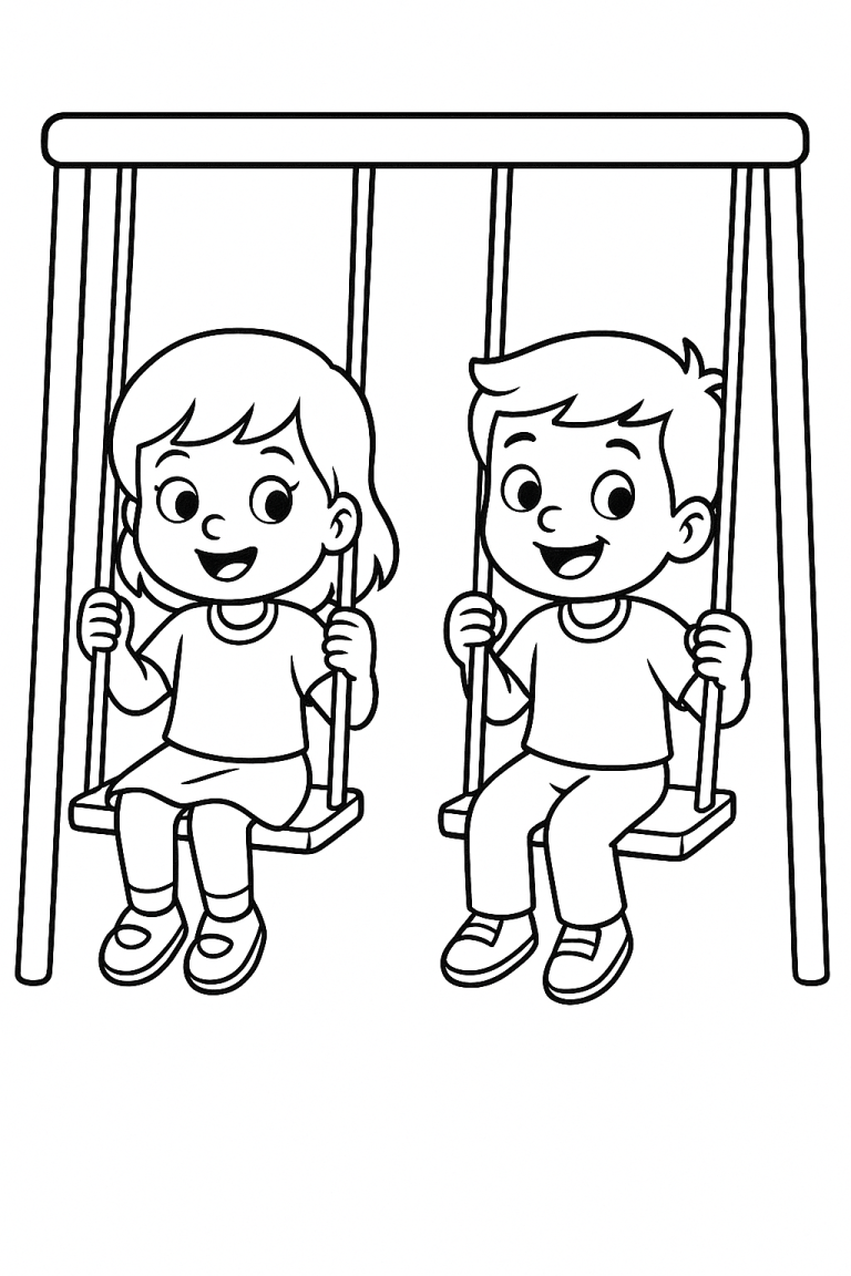 Two children swinging on a playground swing set.