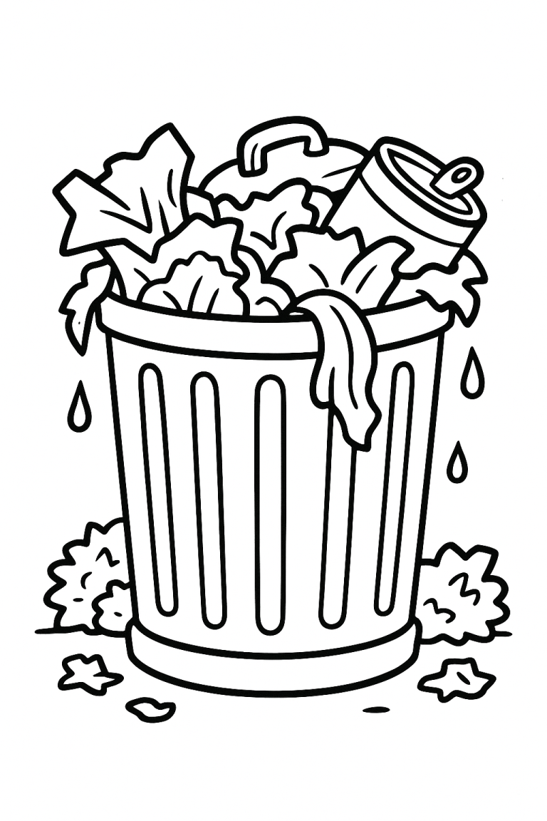 Sketch of an overflowing trash can with garbage spilling out.