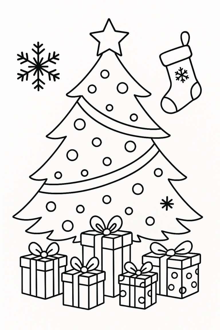 Christmas tree with ornaments, gifts, stocking, and snowflake.