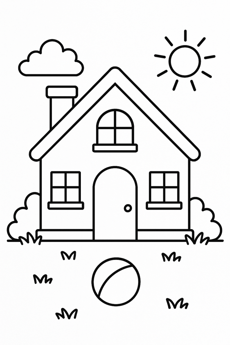 Simple sketch of a house with sun, cloud, and a ball in the yard.
