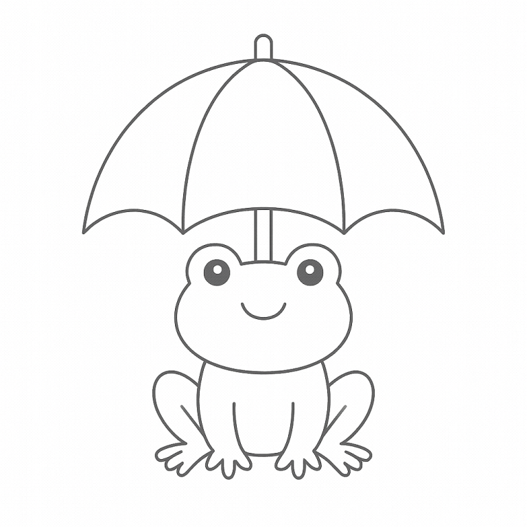A sketch of a smiling frog sitting under an umbrella.