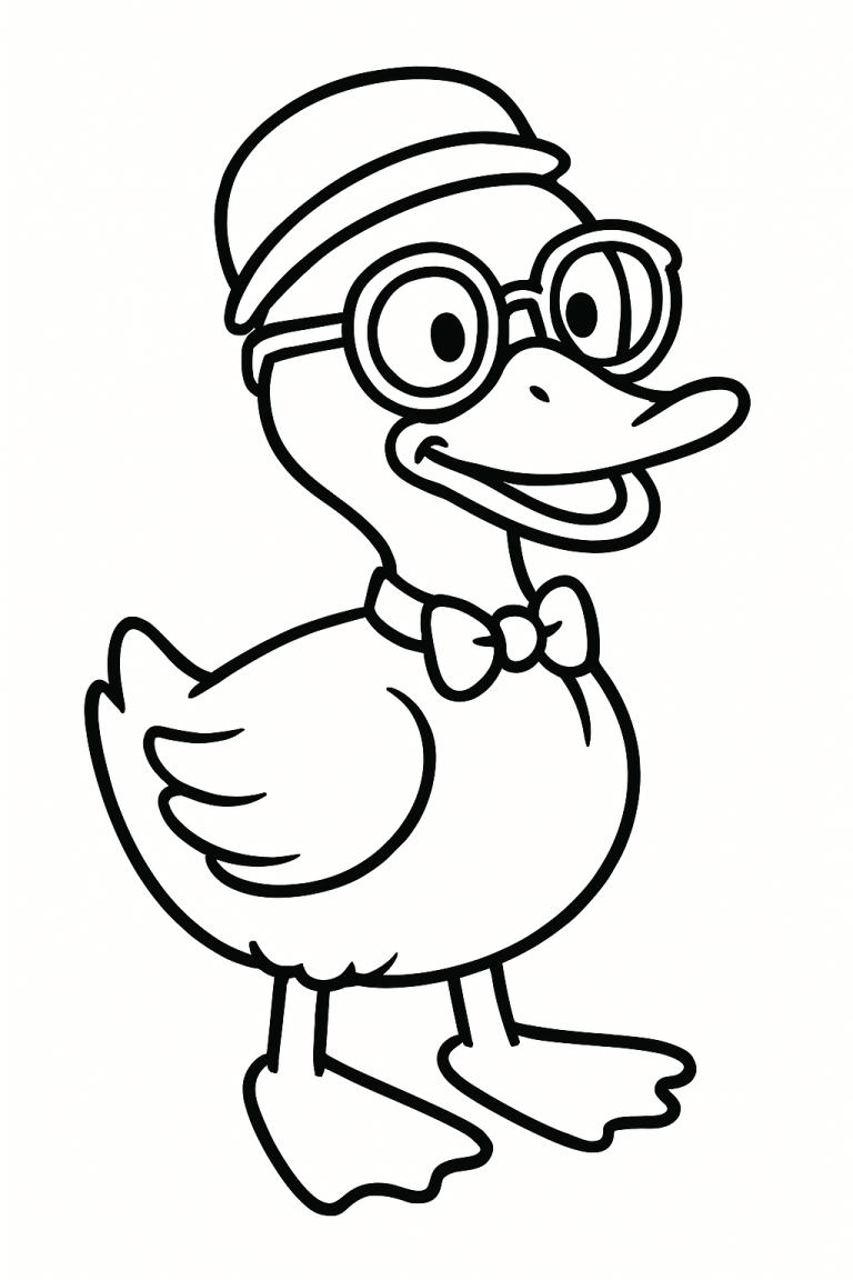 Cartoon duck wearing glasses and a bow tie.