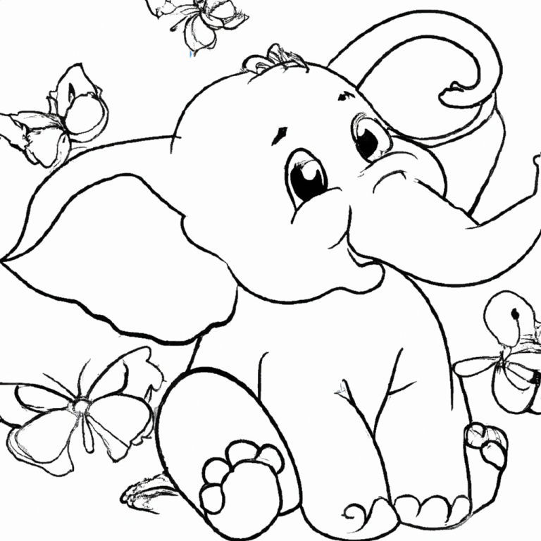 Sketch of a cute baby elephant with butterflies around.
