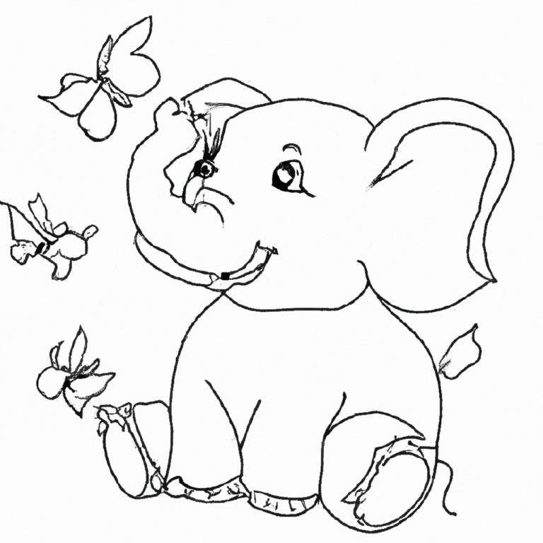 Sketch of a cute elephant with butterflies around it.