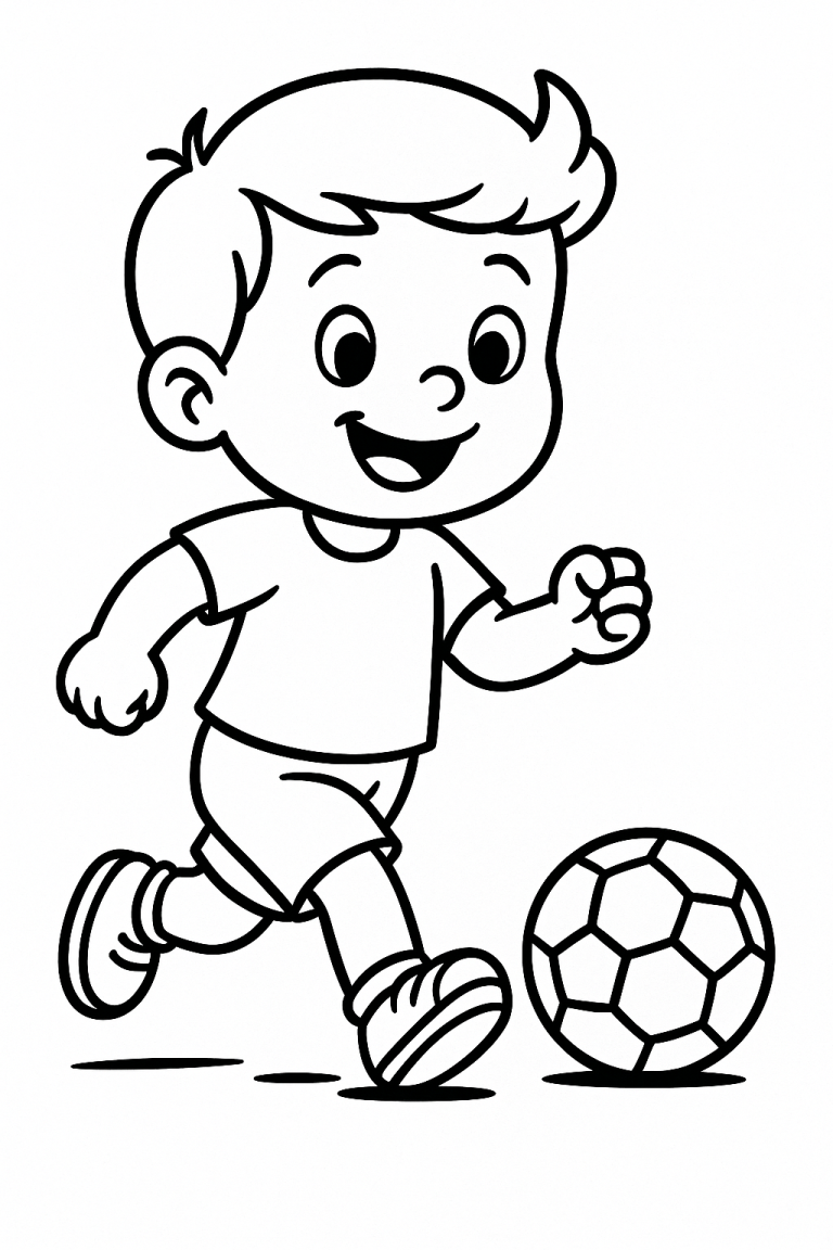 A happy boy running and playing soccer with a ball.