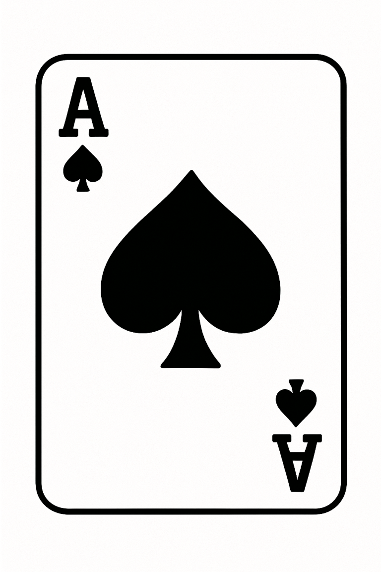 Sketch of the Ace of Spades playing card with a large spade symbol.