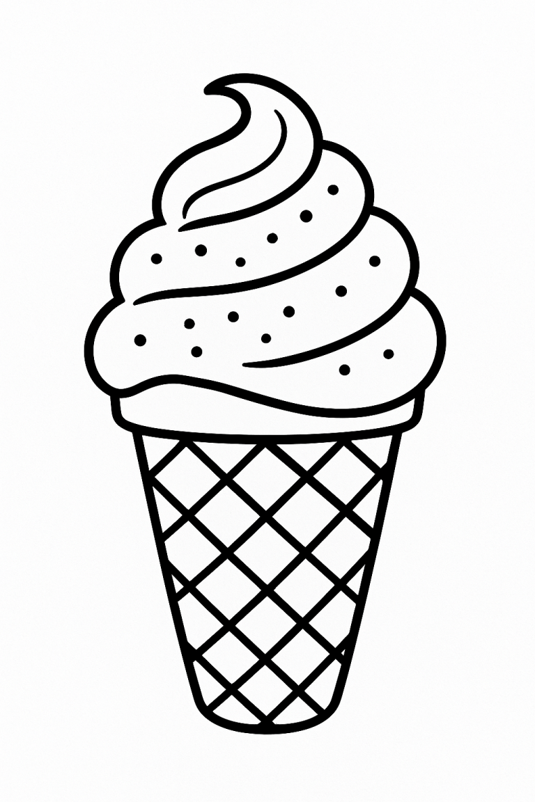 Sketch of an ice cream cone with a swirled top and waffle pattern.