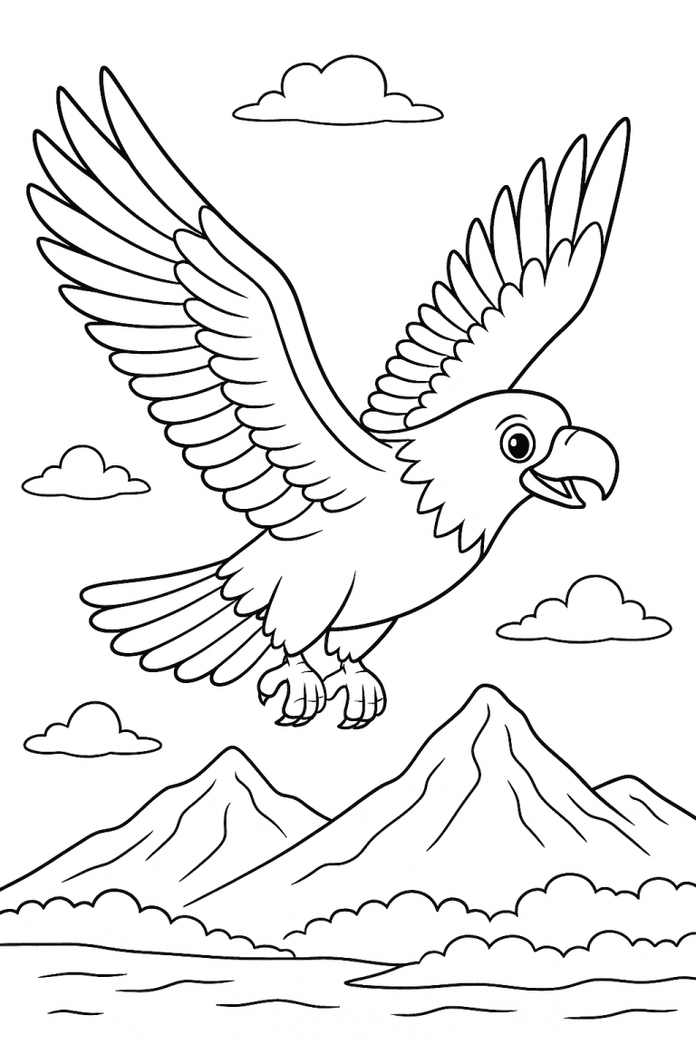 Eagle with wings spread, flying over mountains and clouds.