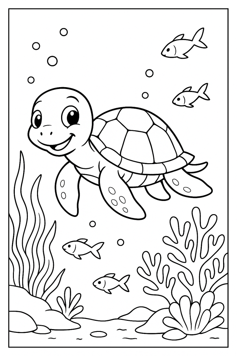 A happy sea turtle swimming with fish and seaweed underwater.