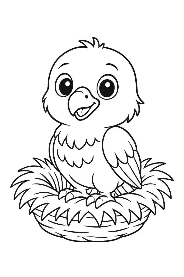 Sketch of a cute baby bird sitting in a nest with big eyes.