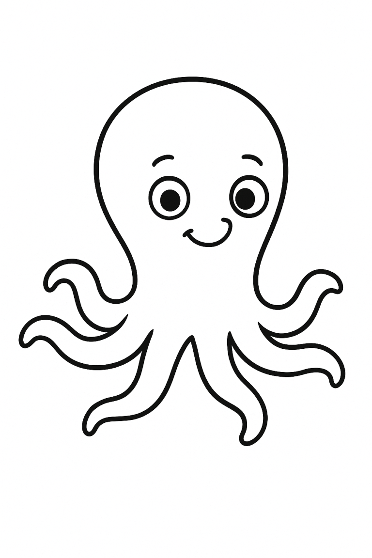 A cartoon octopus with a smile and big eyes, featuring eight wavy arms.