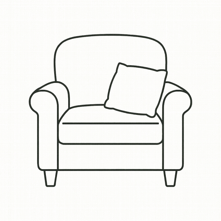 Line sketch of an armchair with a pillow on it.