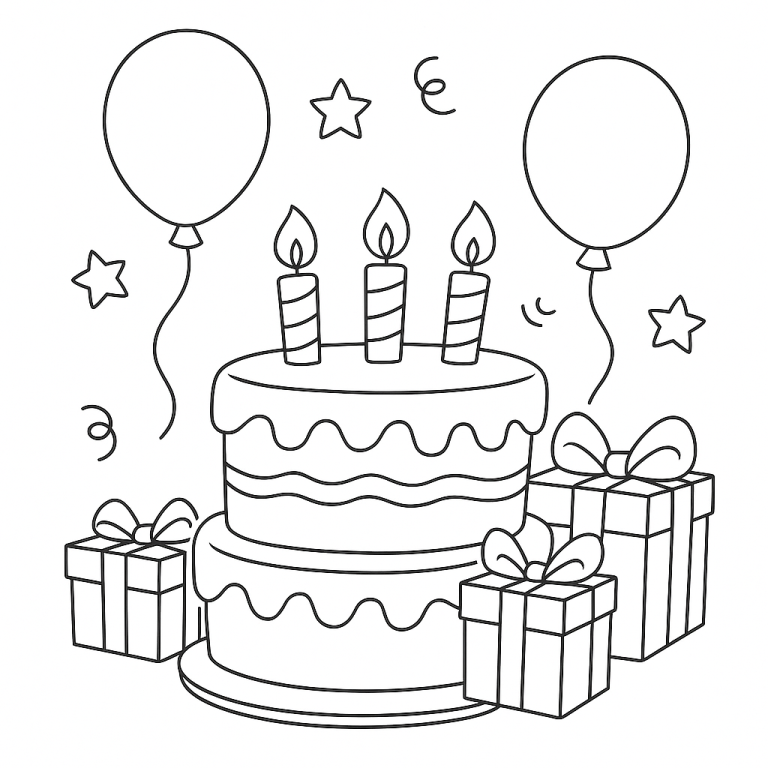 Birthday cake with candles, balloons, and gifts.