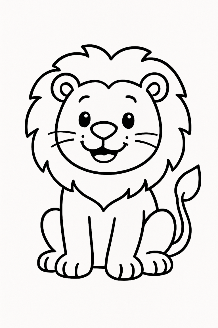 Sketch of a cute, smiling lion with a fluffy mane, sitting down.