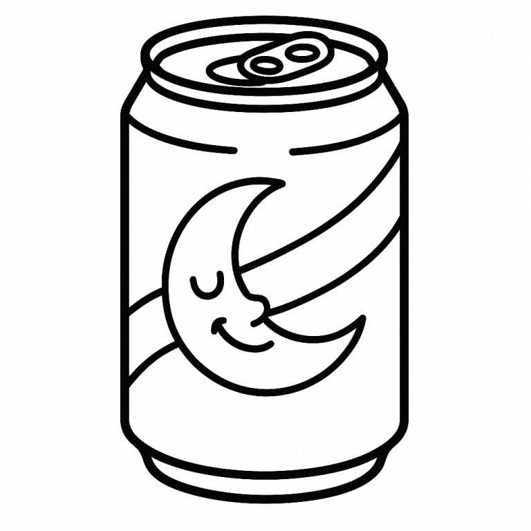 Sketch of a soda can with a smiling crescent moon design.