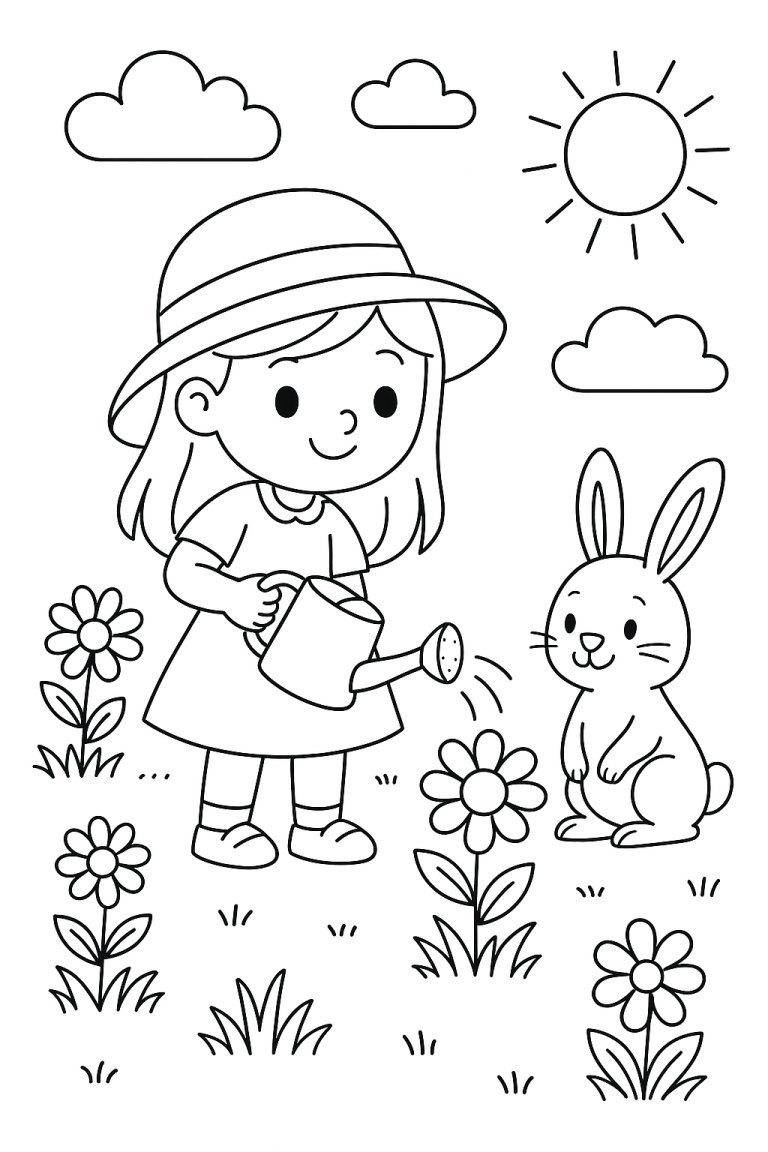 Girl wearing a hat watering flowers with a rabbit nearby under a sunny sky.