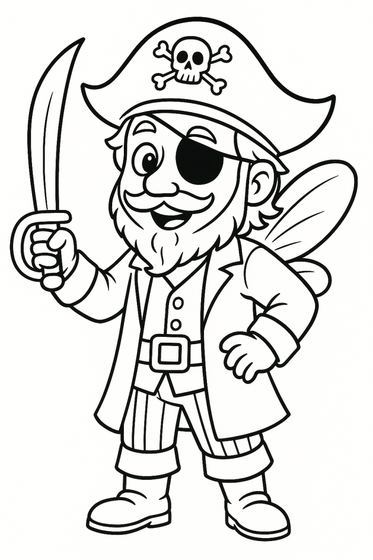 A cheerful pirate with a sword and eyepatch, wearing a hat with a skull.