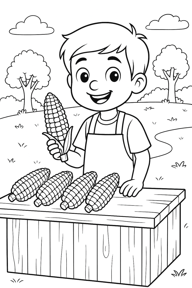 A boy in an apron holding corn, standing behind a table in a field.