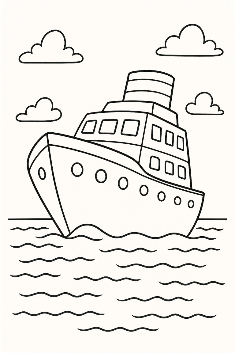 Sketch of a cruise ship on the ocean with clouds in the sky.