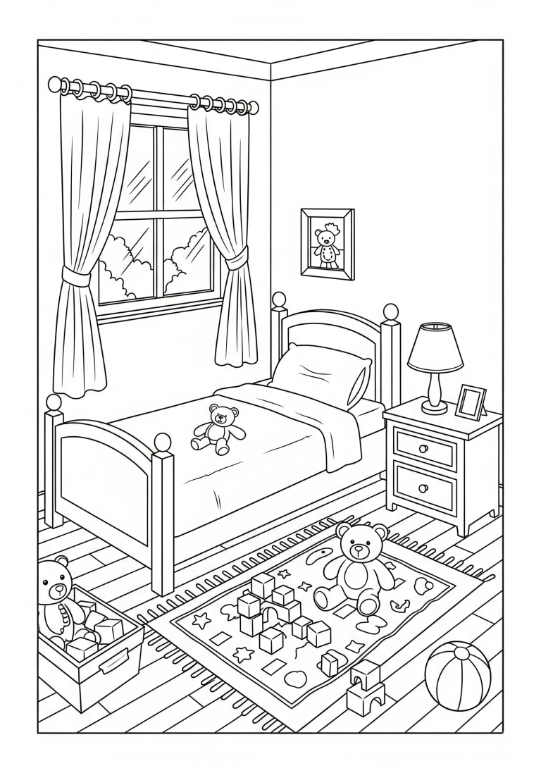 Children's bedroom with bed, teddy bears, and toys.