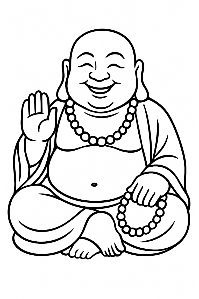 Sketch of a smiling Buddha with prayer beads and a raised hand.