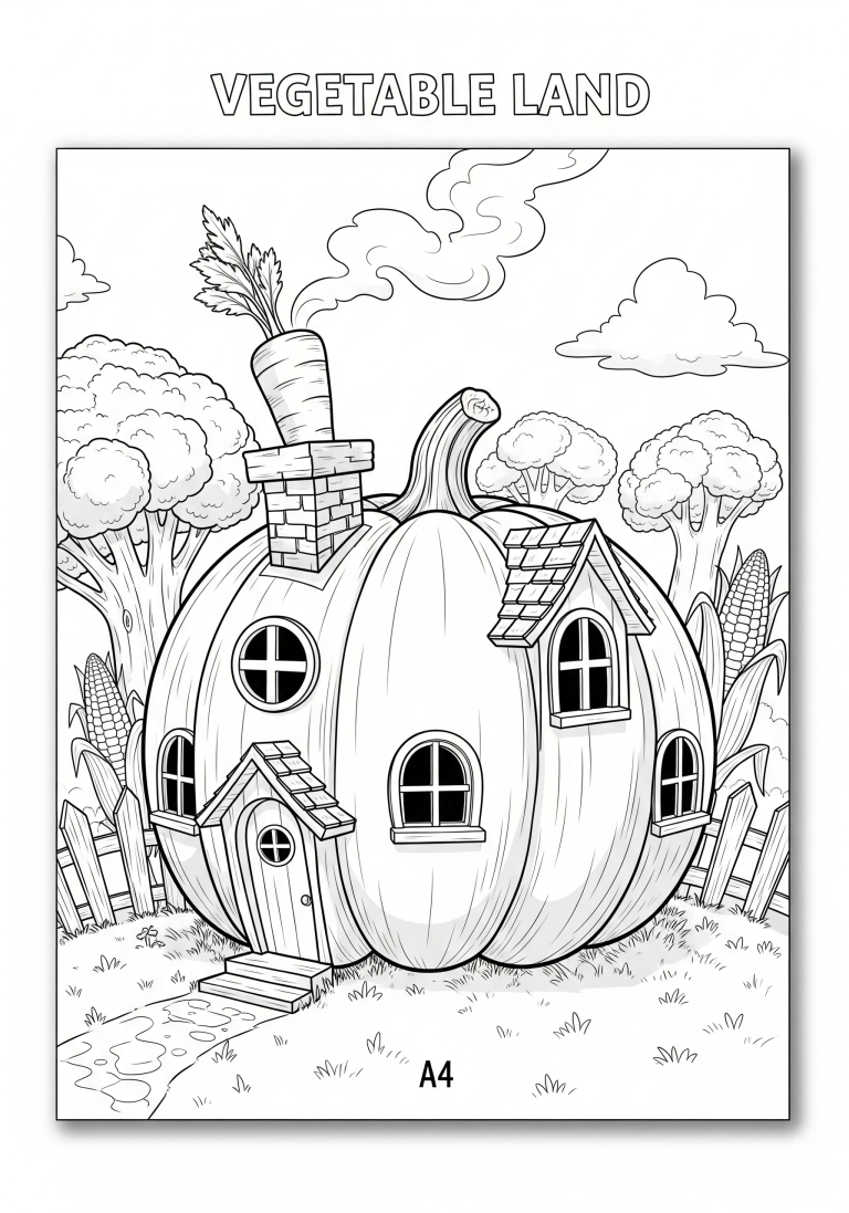 Sketch of a pumpkin-shaped house with a carrot chimney in a whimsical garden.