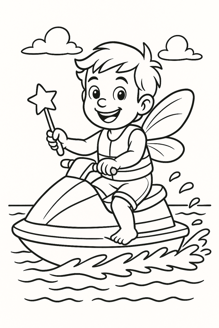 Fairy child with wings on a jet ski holding a magic wand.