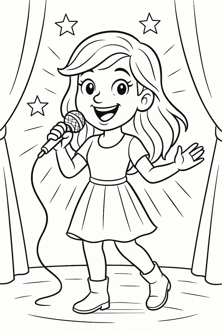 A girl singing on stage with stars and curtains in the background.