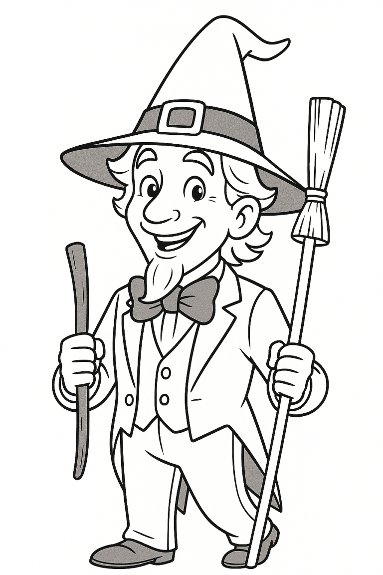 Sketch of a cheerful wizard with a hat, holding a broom and staff.