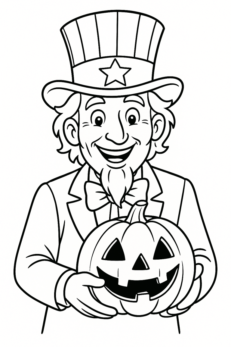 Man in a star hat holding a Jack-o'-lantern with a smile.