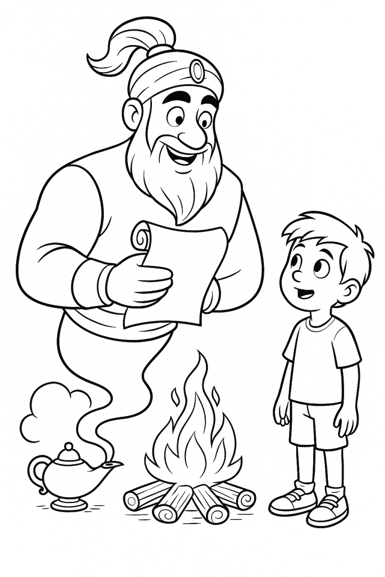 A boy talks to a genie by a campfire, with a lamp and scroll.