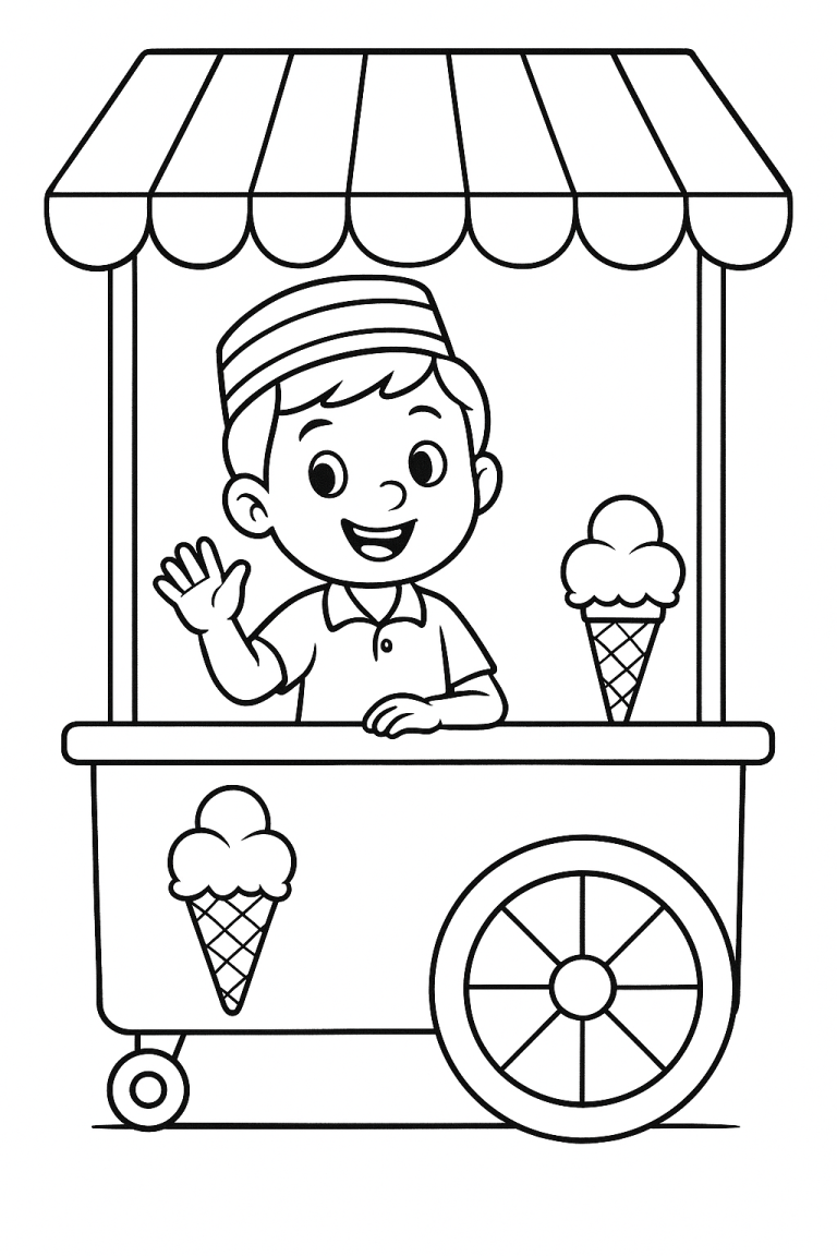 A boy waving from an ice cream cart with cones on display.