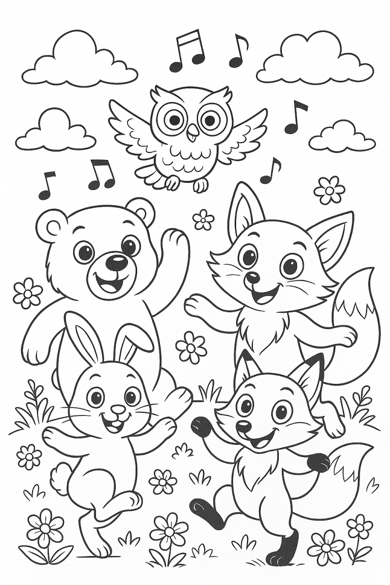Bear, fox, rabbit, and owl dancing with musical notes and flowers.