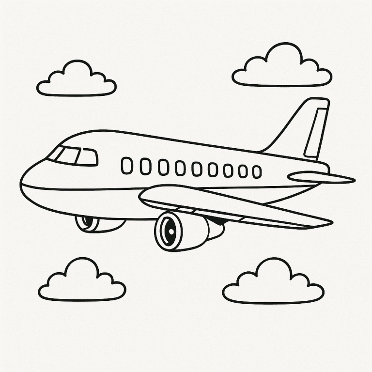Airplane coloring page with clouds