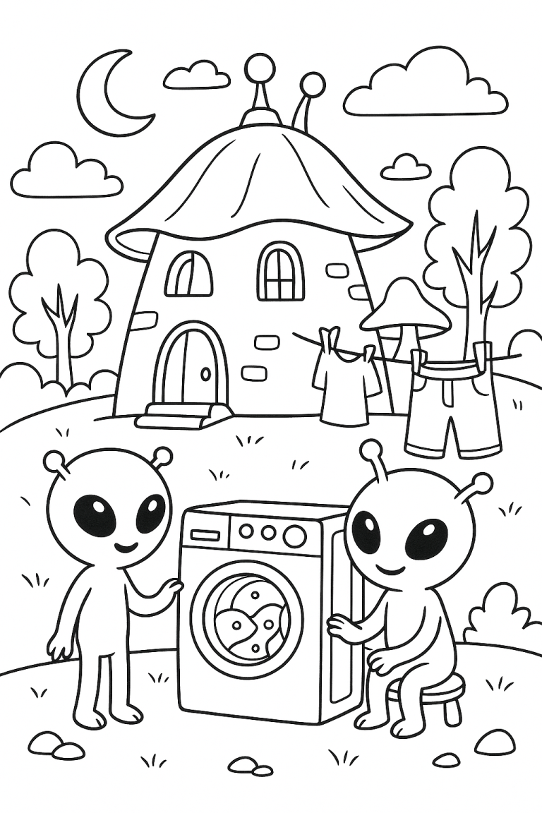 Coloring page of aliens on washing day
