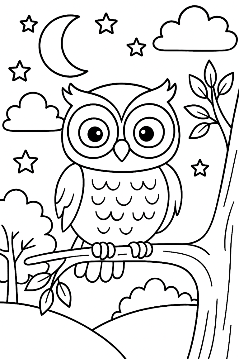Owl sitting on a branch under the night sky with stars and moon.