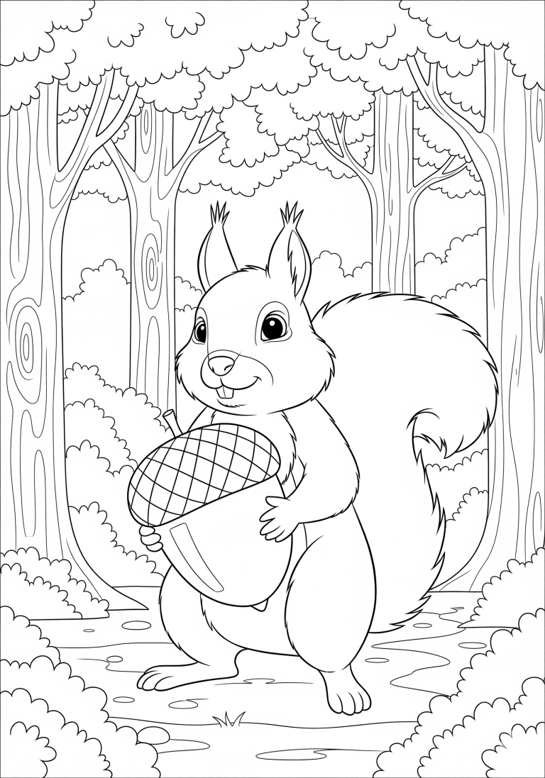 A squirrel holding an acorn in a forest with trees.