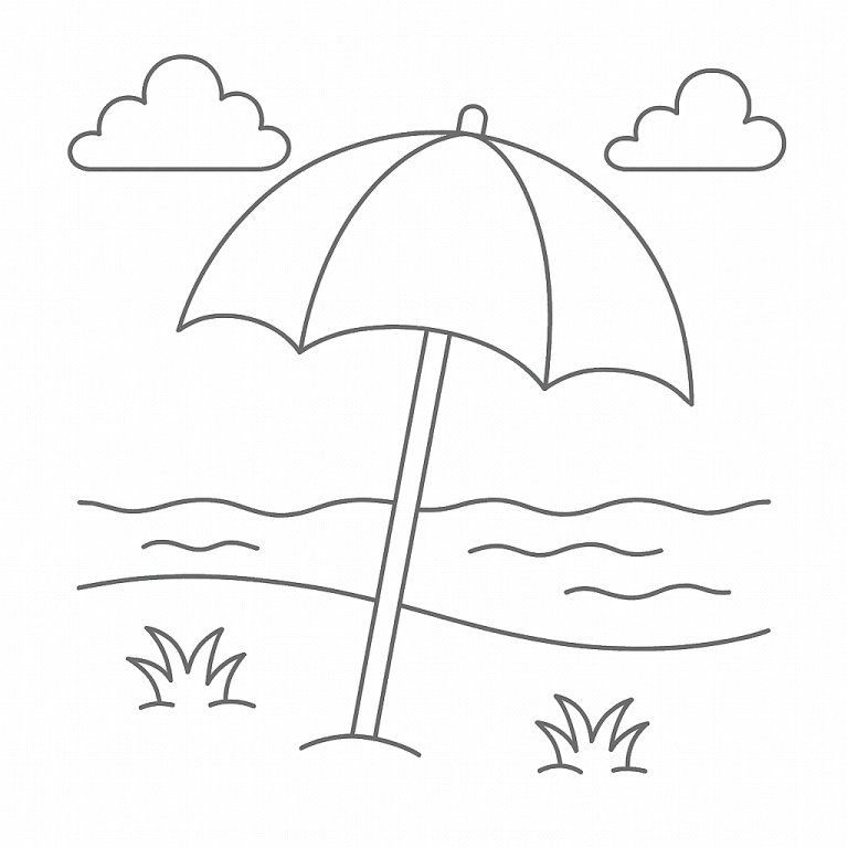 Children's coloring page of a beach umbrella.