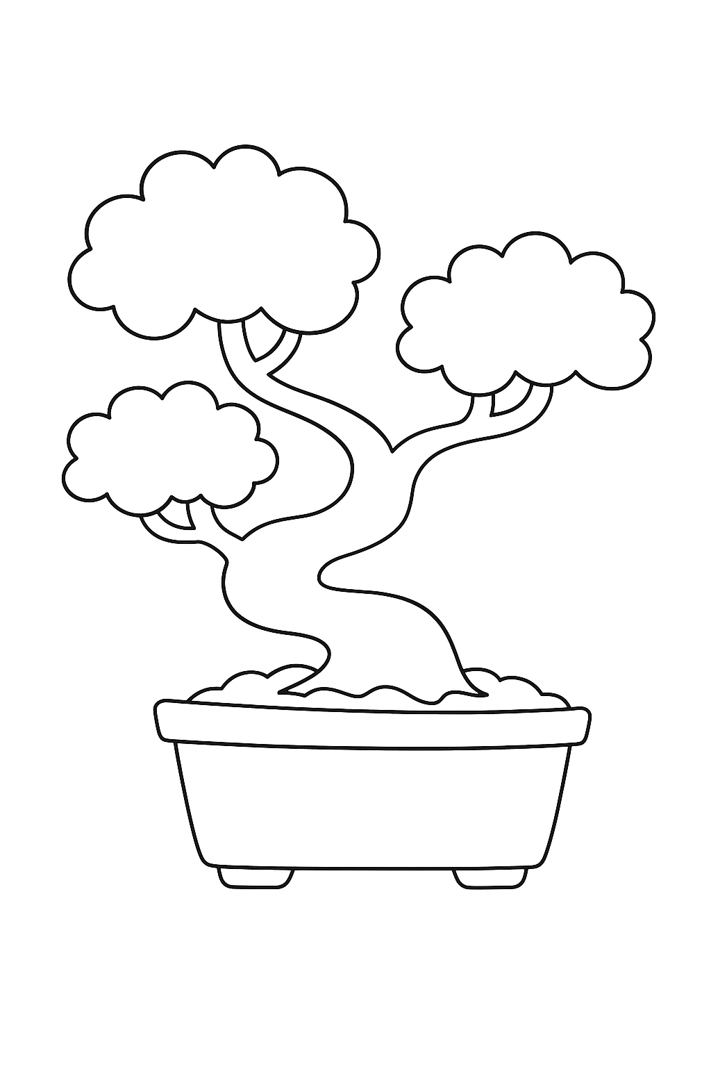 Black and white outline of a bonsai tree for coloring