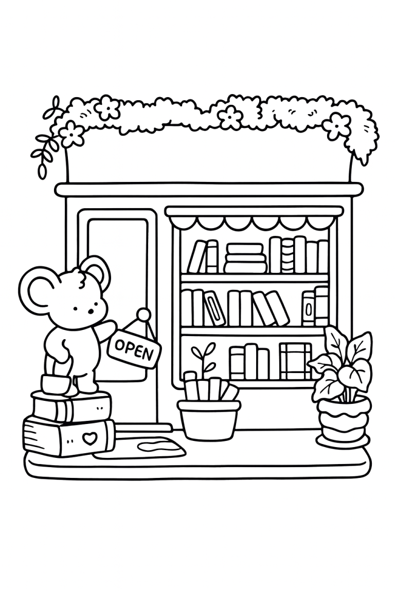Sketch of a mouse with an open sign at a bookstore entrance.